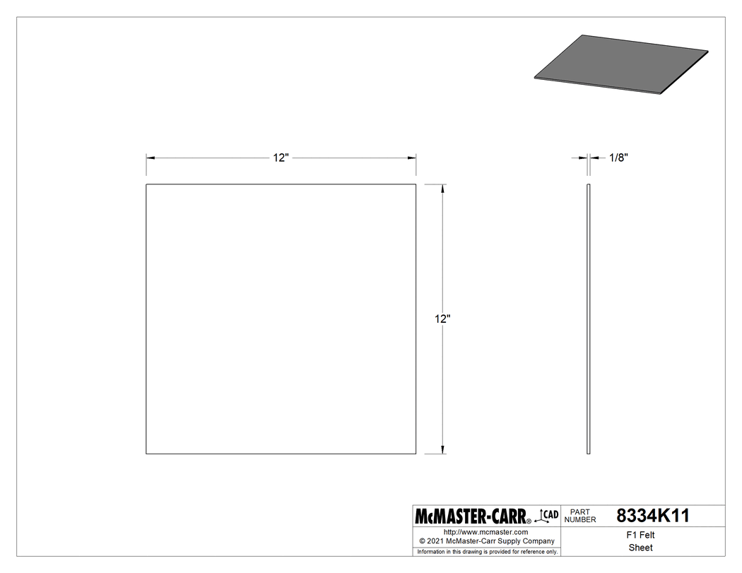 Technical Drawing of F1 Felt Sheet, Medium, Adhesive Backing, 12" X12", 1/8" Thick.
